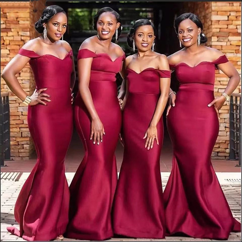 Bury Off The Shoulder Satin Sweep Train Bridesmaid Dresses Wedding Party Bridemaid Gowns With Zipper Back