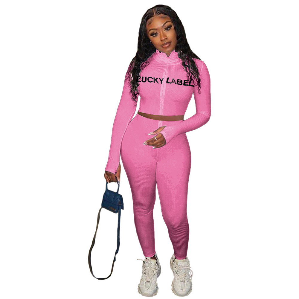 Wholesale Outfits Women Tracksuits Ribbed Two 2 Piece Set Fall Winter Sweatsuits Long Sleeve Pullover Shirt Pants Embroidery Lucky Label Clothes 8793