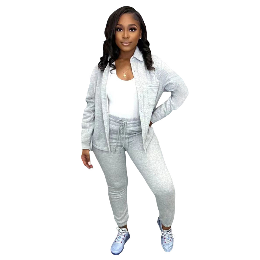Bulk Wholesale Fleece Tracksuits Women Two Piece Sets Fall Winter Clothes Long Sleeve Shirt Coat and Pants Matching Sets Casual Sportswear 8769