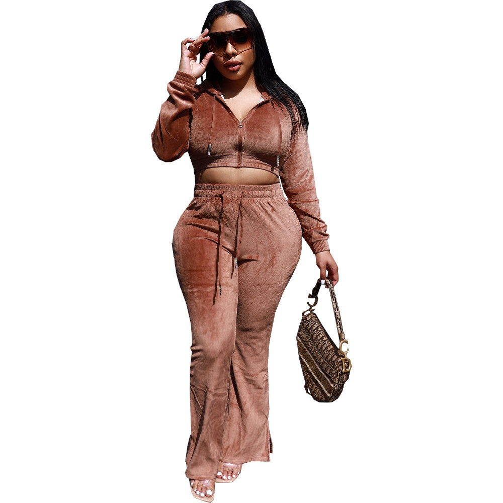 Wholesale Velvet Tracksuits Women Two Piece Sets Fall Winter Clothes Sweatsuits Long Sleeve Hooded Jacket And Flare Pants Casual Velour Sportswear 875