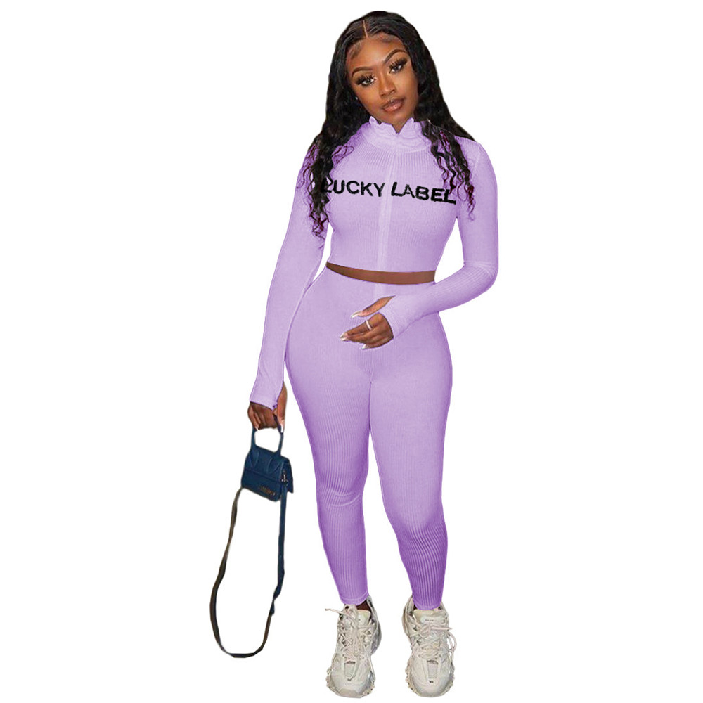 Wholesale Outfits Women Tracksuits Ribbed Two 2 Piece Set Fall Winter Sweatsuits Long Sleeve Pullover Shirt Pants Embroidery Lucky Label Clothes 8793