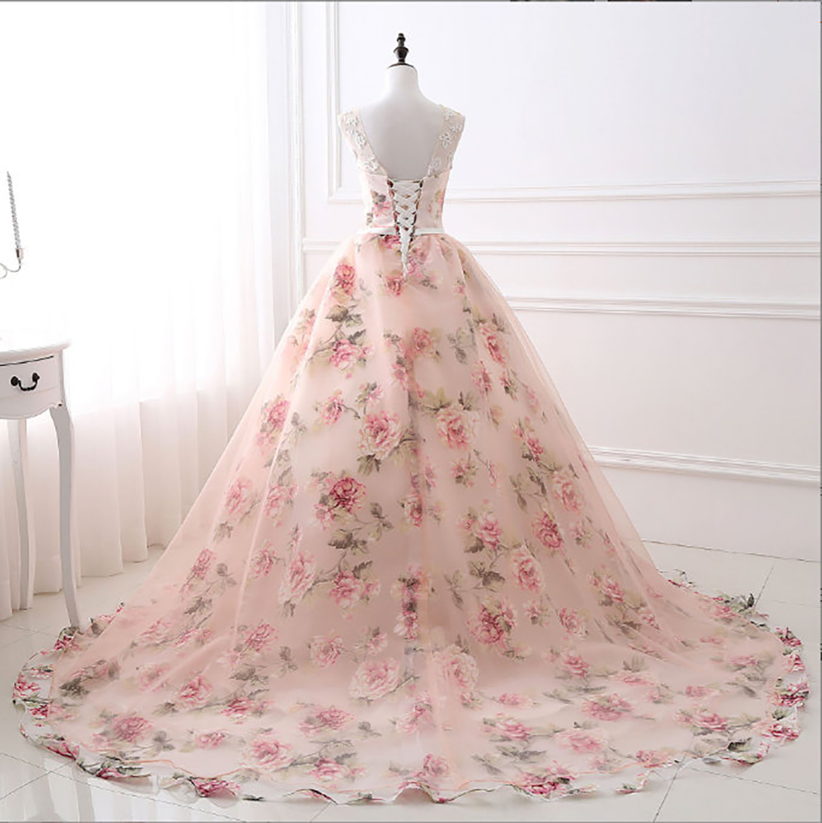 Elegant A-line Wedding Dresses Jewel Sleeveless Flowers Print Lace Up Backless Chapel Gown Dress Custom Made Plus Size Bridal Dress Vestidos De Novia