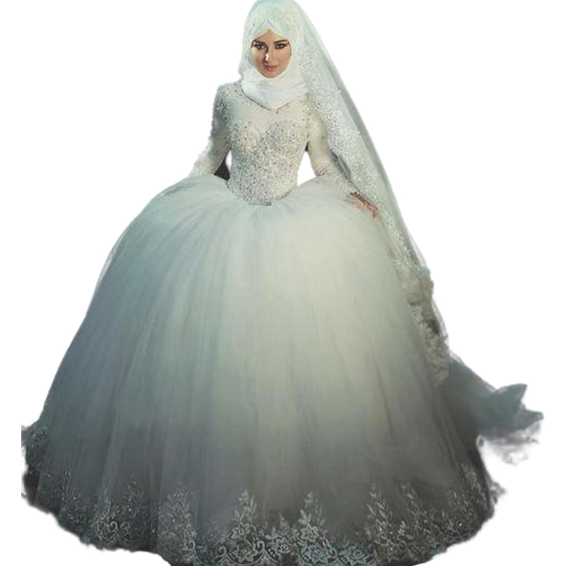 2023 Hijab Muslim Ball Gown Wedding Dresses Long Sleeves Ivory Tulle Princess Bridal Gowns Lace Applique Beaded Floor Length Modest Arabic Dubai Gelin