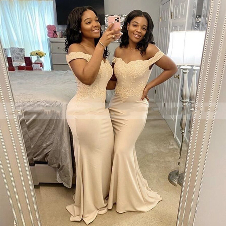 Champagne Mermaid Bridesmaid Dresses Off Shoulder Appliqued Long Stretch Satin Wedding Party Gowns Vestido la dama de honor