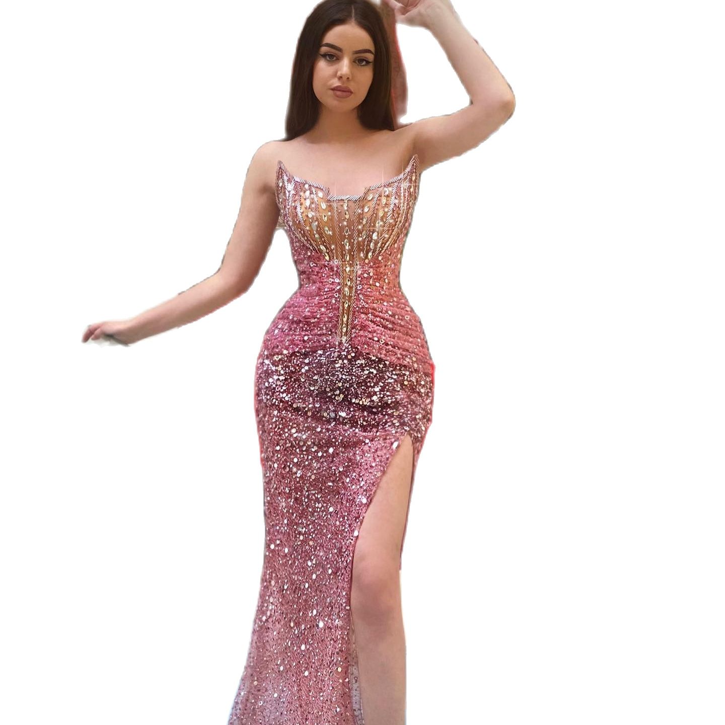 Rose Gold Sexy Elegant Sparkly Party Prom Dress Strapless Neck Sequins Plus Size Cocktail Evening Gowns Custom Made
