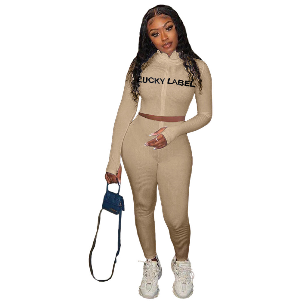 Wholesale Outfits Women Tracksuits Ribbed Two 2 Piece Set Fall Winter Sweatsuits Long Sleeve Pullover Shirt Pants Embroidery Lucky Label Clothes 8793