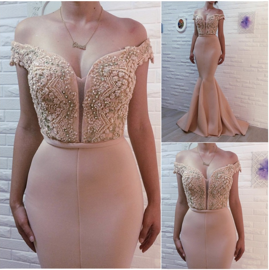 Plus Size New Custom Girl Elastic Satin Woman Lady Formal Off-Shoulder Mermaid Beaded Bridesmaid Dresses Gown Sweetheart