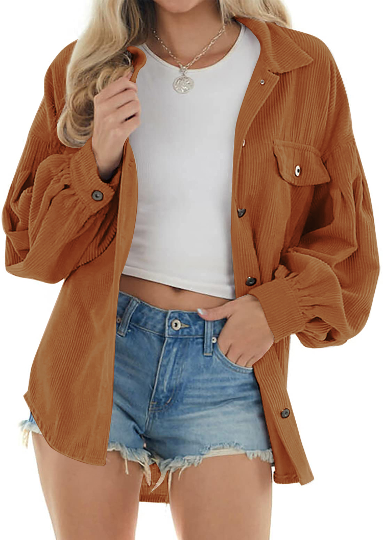 Women Corduroy Button Down Shirts Long Lantern Sleeve Shacket Casual Oversized Drop Shoulder Blouse Tops with Pockets