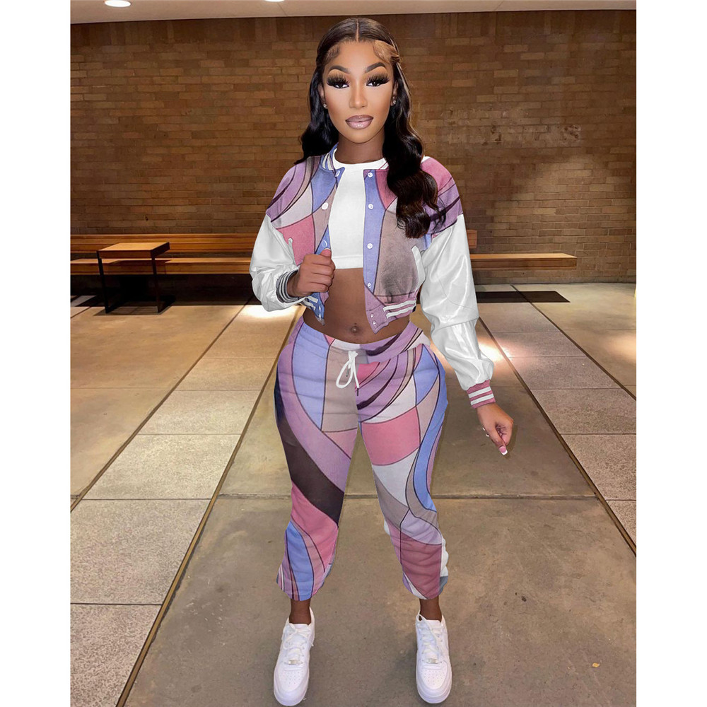 Wholesale Fleece Tracksuits Women Fall Winter Clothes Two Piece Sets Faux Leather Sleeve Jacket and Pants Casual Stretchy Print Sportswear 8754