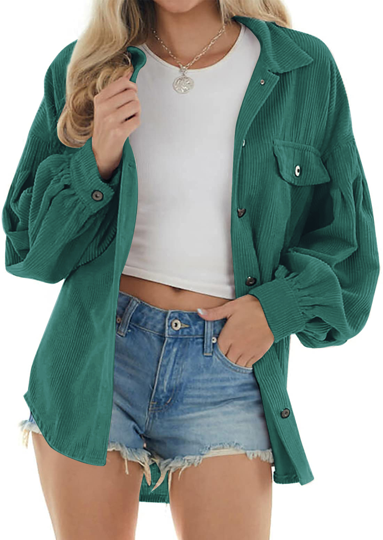 Women Corduroy Button Down Shirts Long Lantern Sleeve Shacket Casual Oversized Drop Shoulder Blouse Tops with Pockets