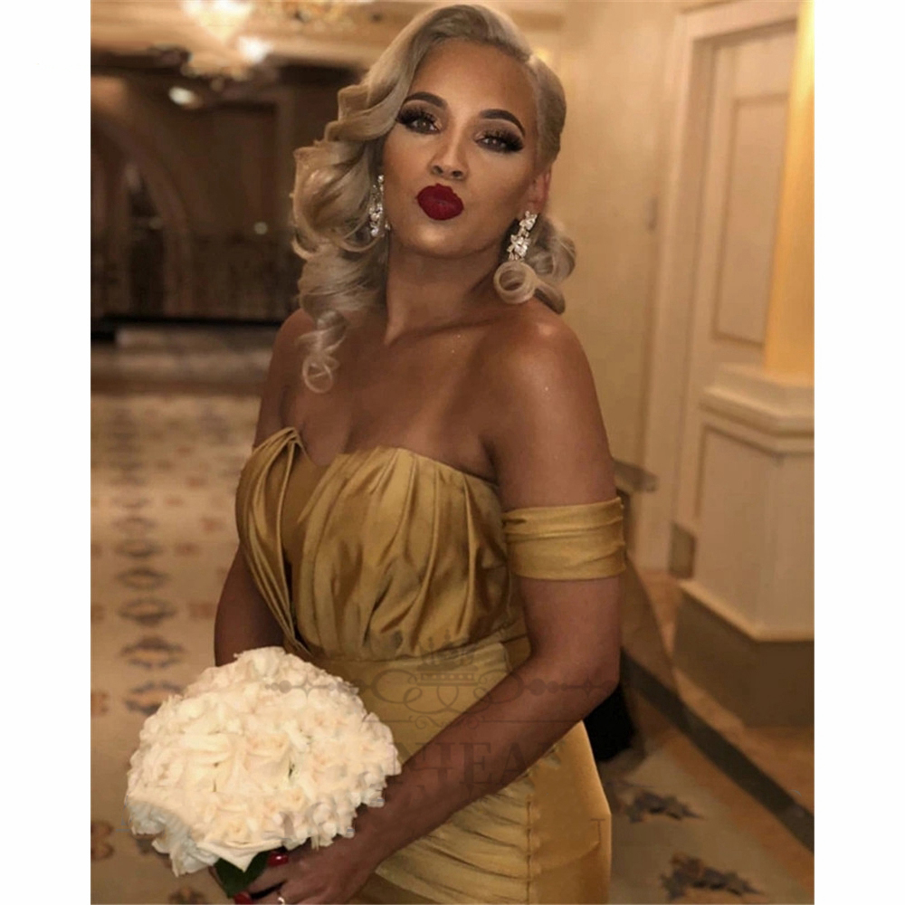 Gold Dresses Mermaid Black Girls Sweetheart Off-The-Shoulder Satin South African Bridesmaid Dress