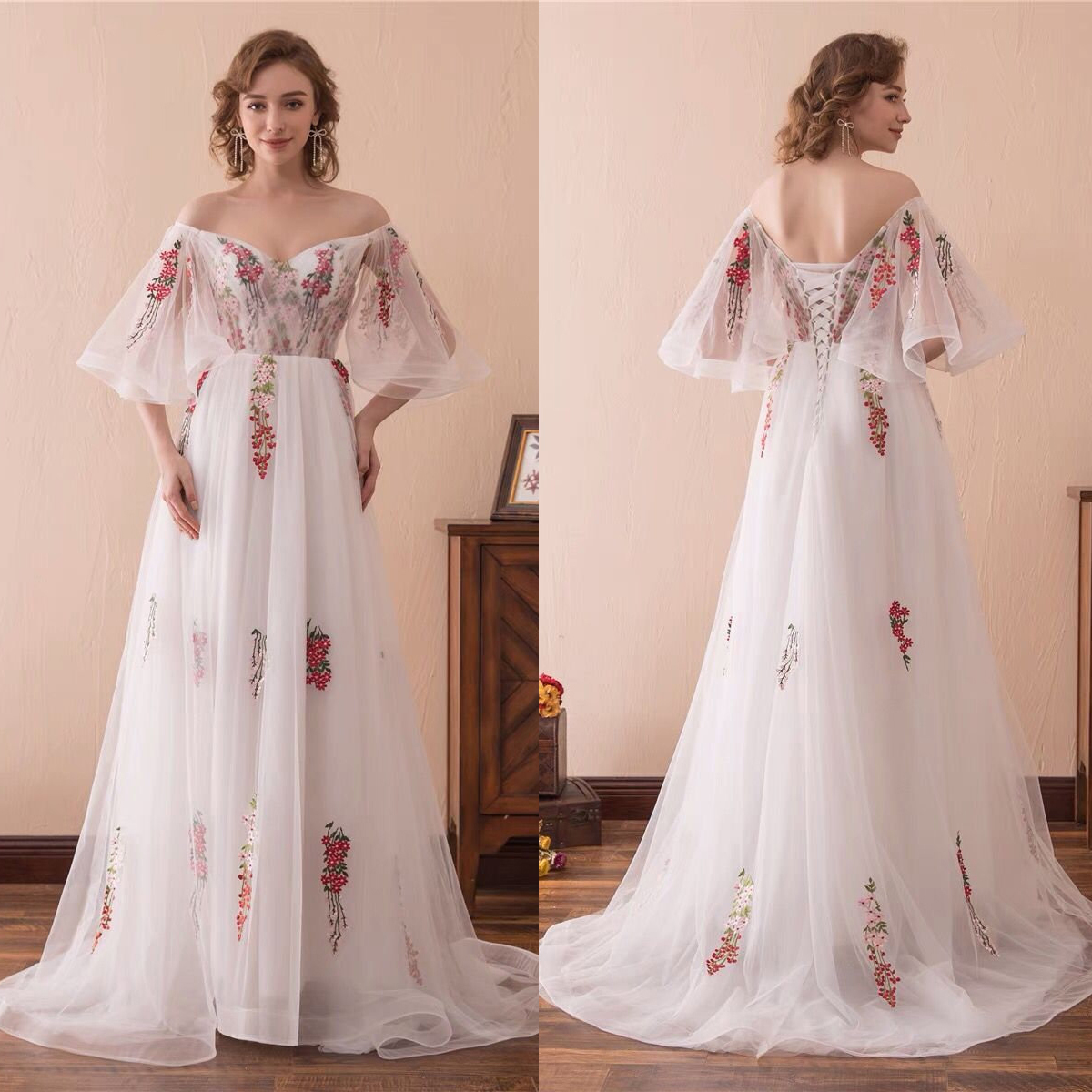 Elegant A-line Wedding Dresses Strapless Off the Shoulder Red Embroidery Backless Lace Up Floor Length Custom Made Plus Size Bridal Dress Vestidos De 
