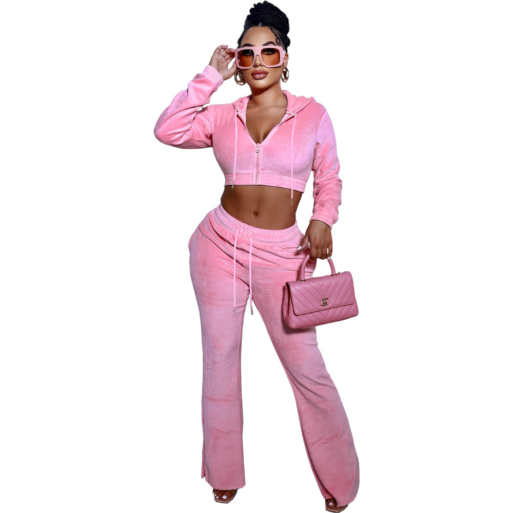 Wholesale Velvet Tracksuits Women Two Piece Sets Fall Winter Clothes Sweatsuits Long Sleeve Hooded Jacket And Flare Pants Casual Velour Sportswear 875
