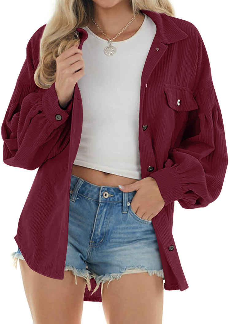 Women Corduroy Button Down Shirts Long Lantern Sleeve Shacket Casual Oversized Drop Shoulder Blouse Tops with Pockets