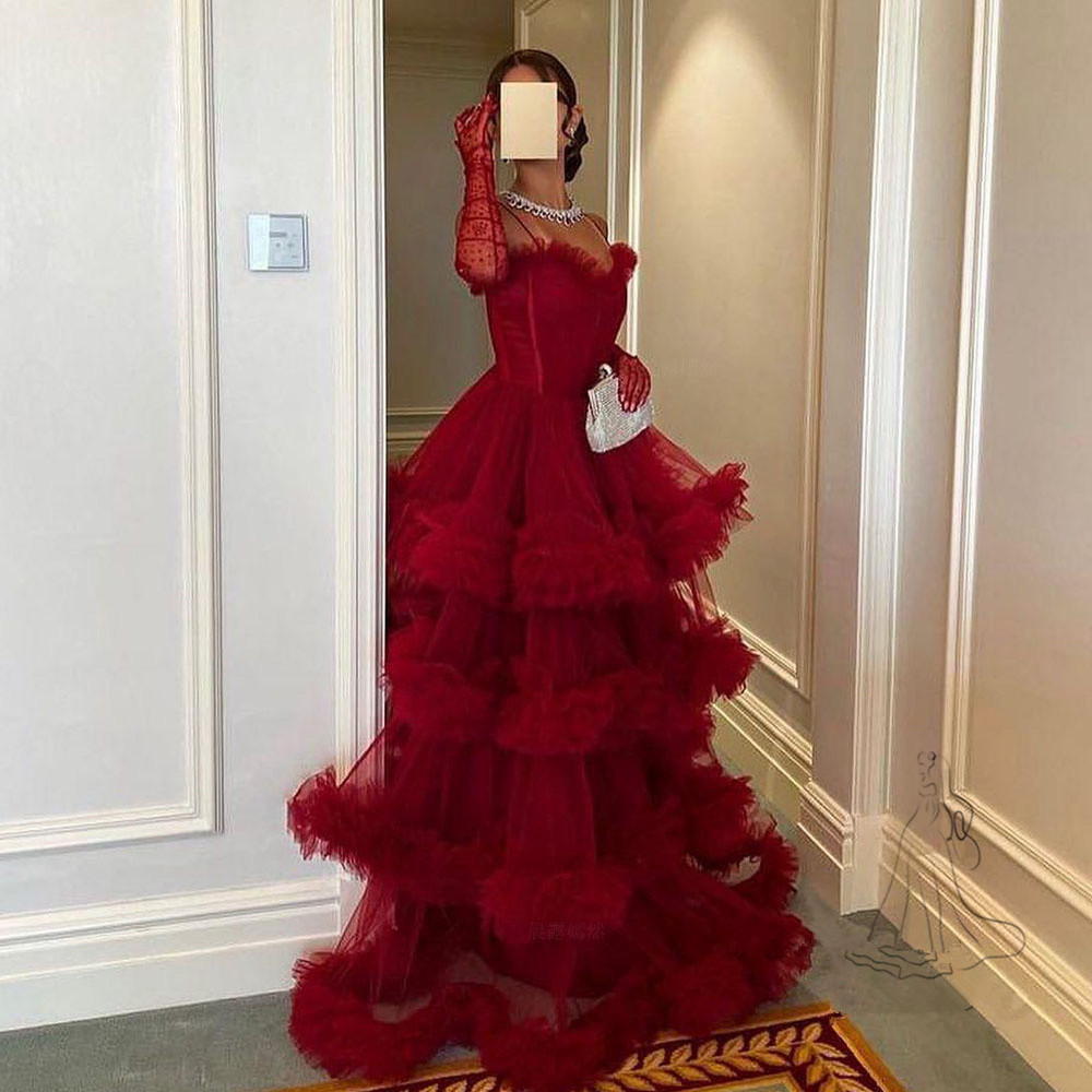 Burgundy tulle Evening Dresses with long sleeve gloves 2023 Sweetheart Spaghetti Strap Long Prom Gowns Zipper Puffy