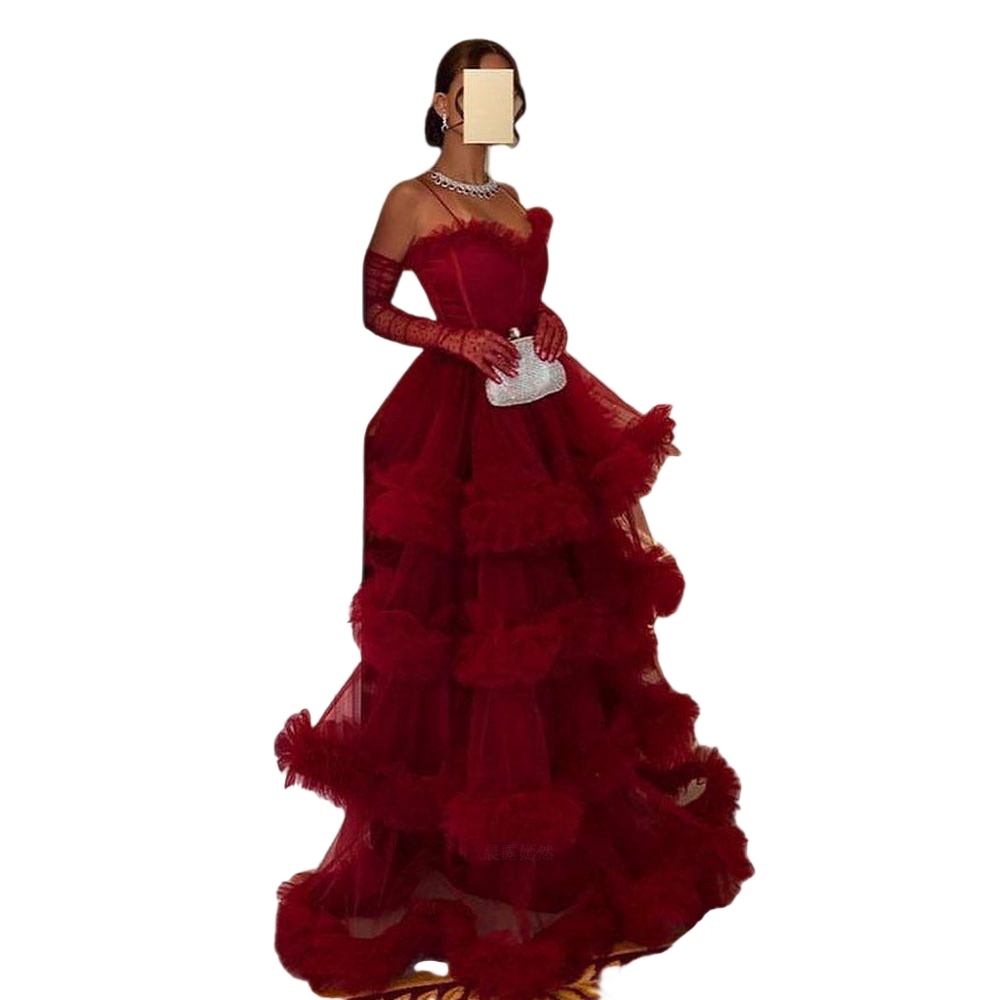 Burgundy tulle Evening Dresses with long sleeve gloves 2023 Sweetheart Spaghetti Strap Long Prom Gowns Zipper Puffy