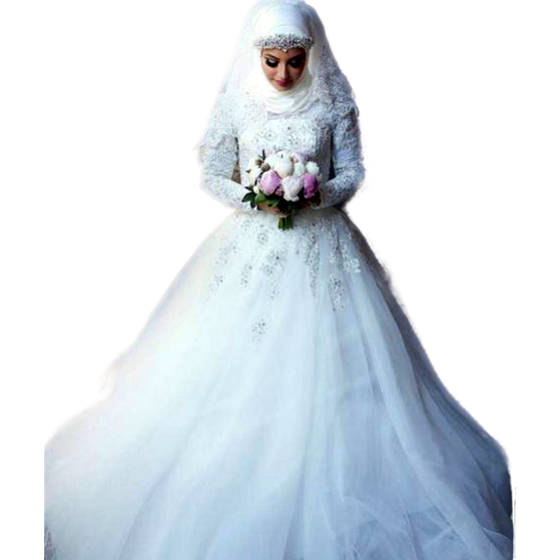 2023 Muslim Hijab A Line Wedding Dresses Long Sleeves Bridal Gowns White Tulle Lace Applique Beaded Modest Arabic Dubai Islamic Vestido De Novia