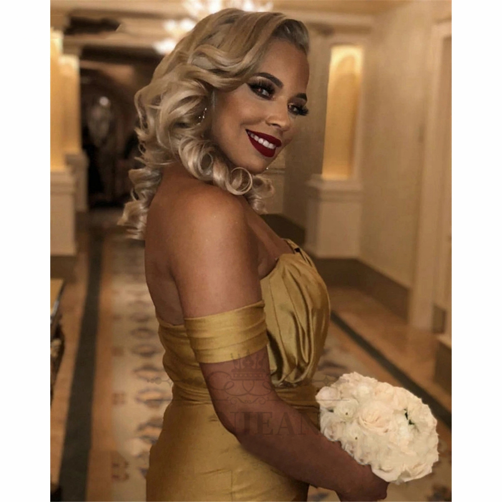 Gold Dresses Mermaid Black Girls Sweetheart Off-The-Shoulder Satin South African Bridesmaid Dress
