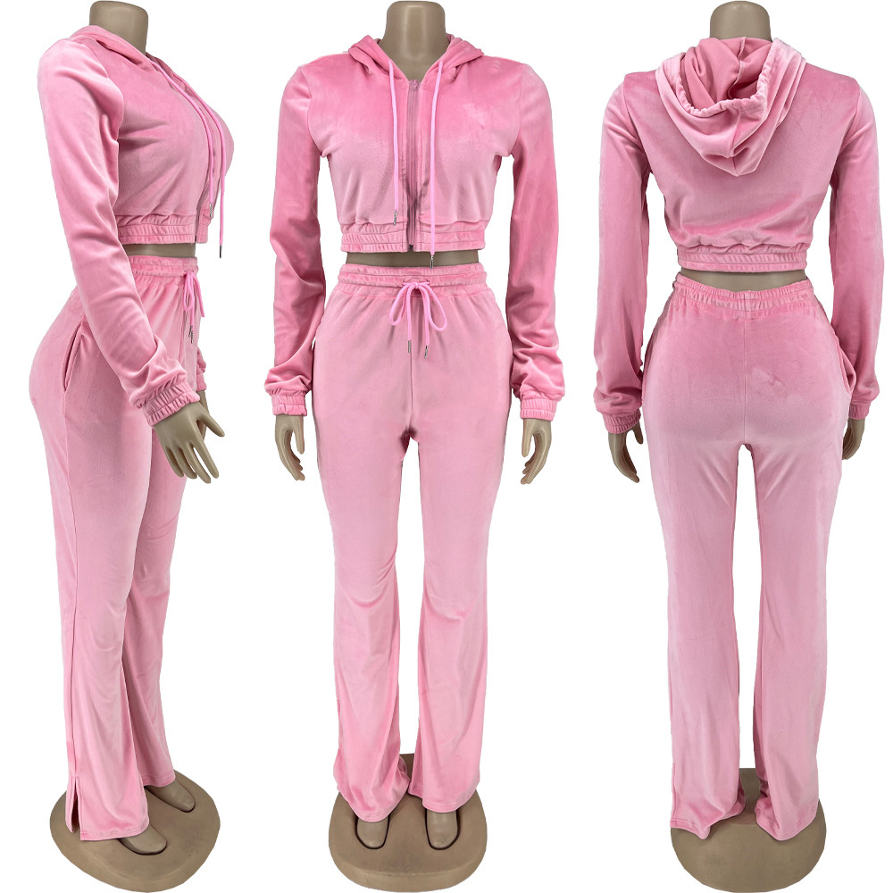 Wholesale Velvet Tracksuits Women Two Piece Sets Fall Winter Clothes Sweatsuits Long Sleeve Hooded Jacket And Flare Pants Casual Velour Sportswear 875