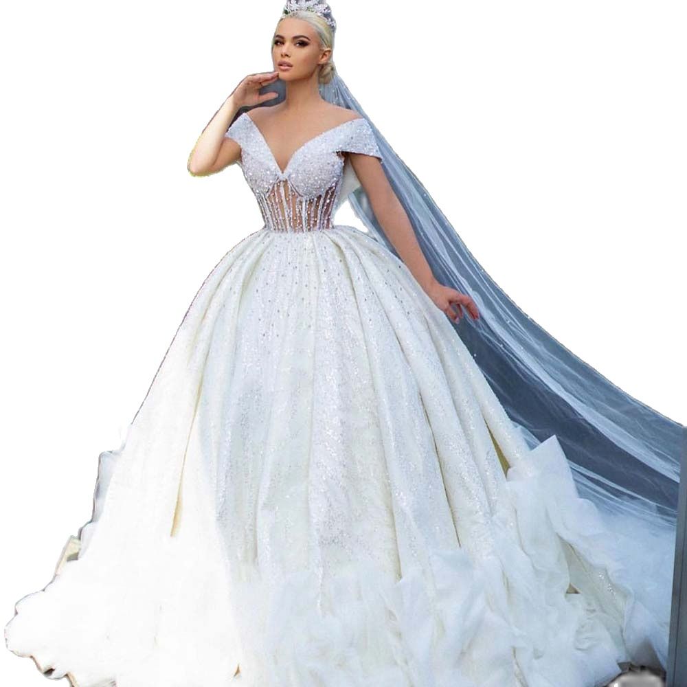 Elegant Diamond Crystal Dubai Ball Gown Wedding Dress Illusion Off Shoulder Sequined Saudi Arabic Bridal Gowns
