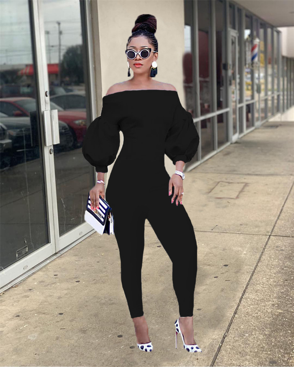 Fall Winter off shoulder Jumpsuits Women Lantern Sleeve Rompers Casual Bodycon Jumpsuits One Piece Outfits Autumn Clothes Fashion jumpers Club Overall