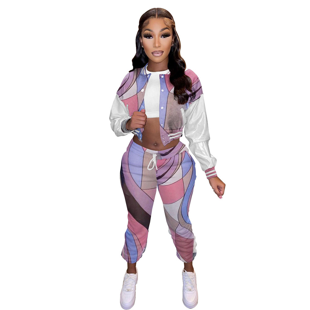 Wholesale Fleece Tracksuits Women Fall Winter Clothes Two Piece Sets Faux Leather Sleeve Jacket and Pants Casual Stretchy Print Sportswear 8754