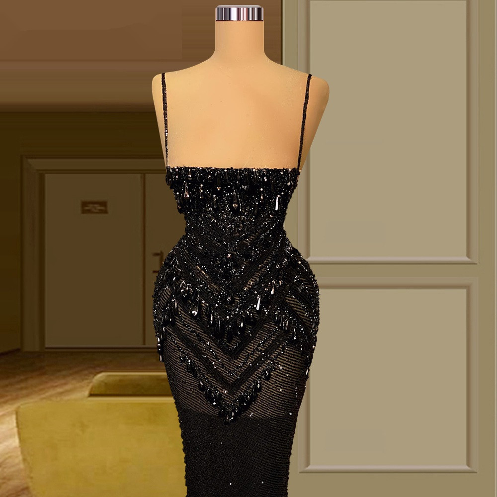 Sexy Black Illusion Prom Dresses Spaghetti Straps Mermaid Party Dresses Beaded Sleeveless Custom Made Evening Dress