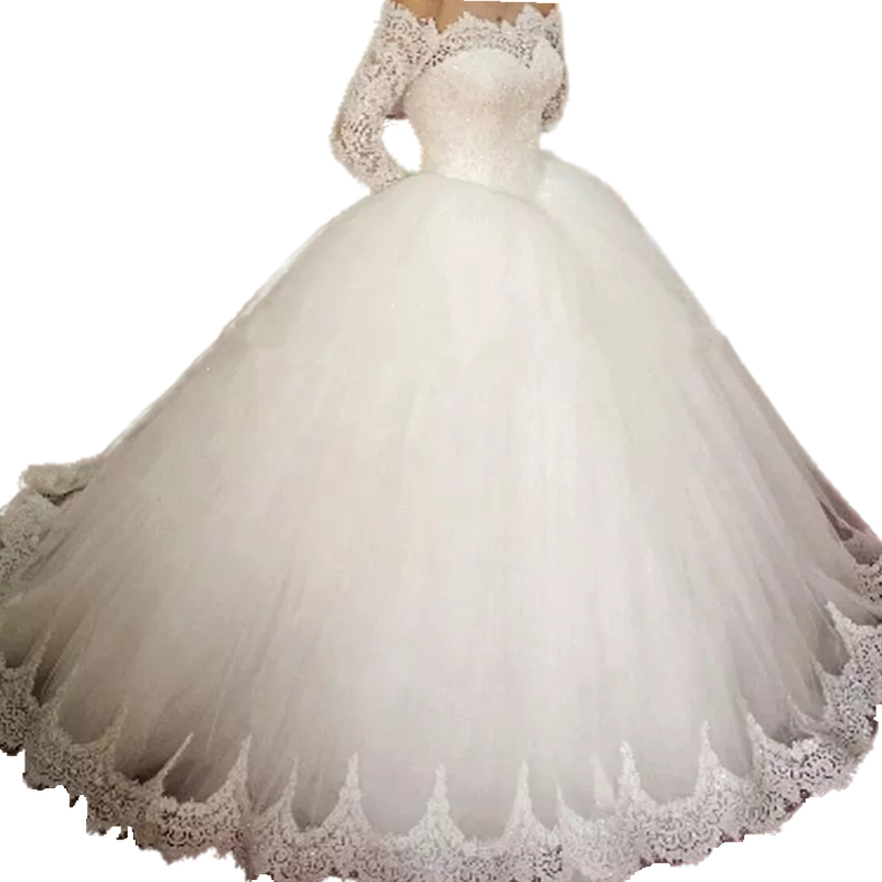 2023 Princess Ball Gown Wedding Dresses Off Shoulder Long Sleeves Gorgeous Lace Appliqued Floor Length Ivory Tulle Bridal Gowns Plus Size Bride Vestid