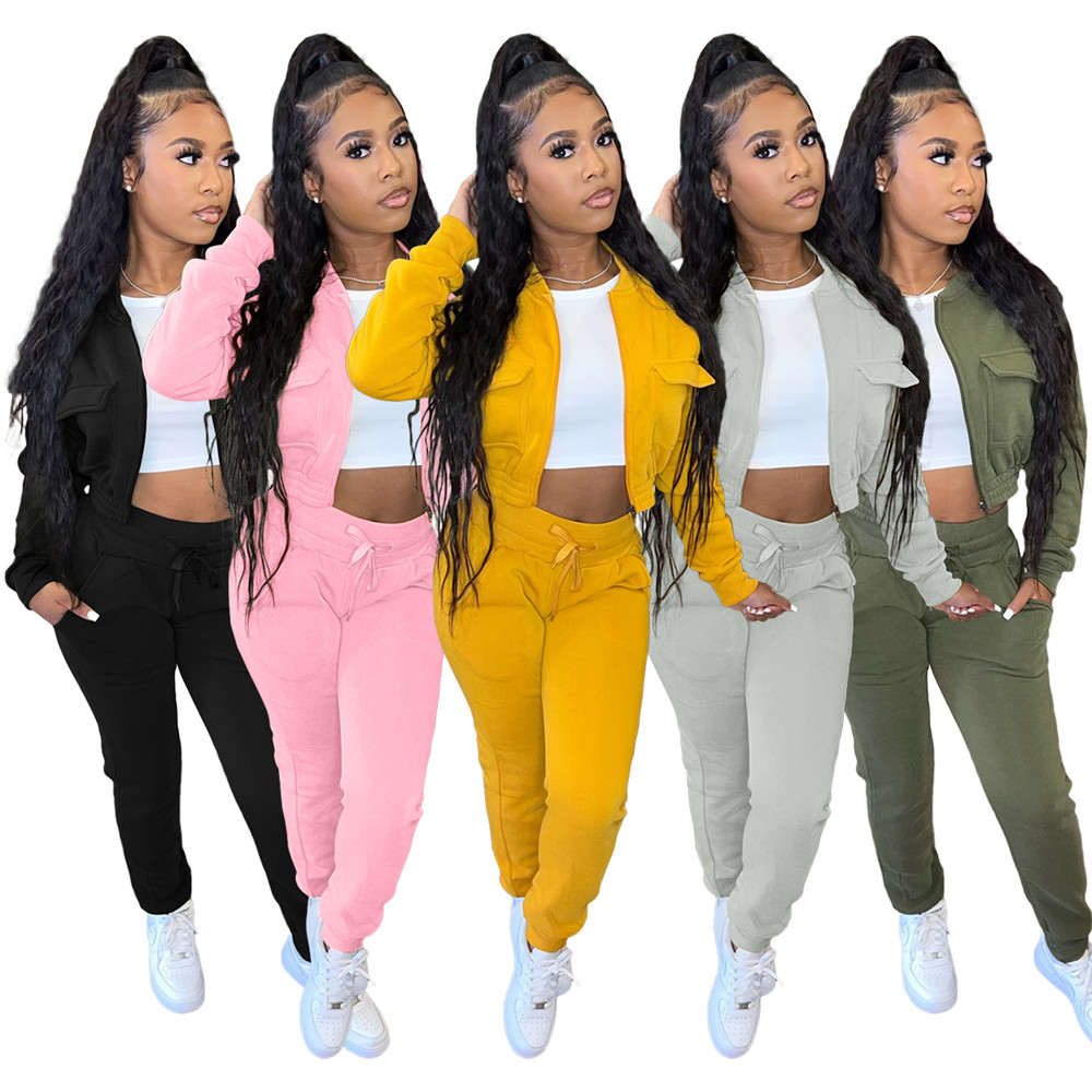 Fall Winter Tracksuits Women Two Piece Sets Long Sleeve Sweatsuits Short Jacket and SweatPants 2pcs Casual Solid Sportswear Outdoor Jogger suits 8719