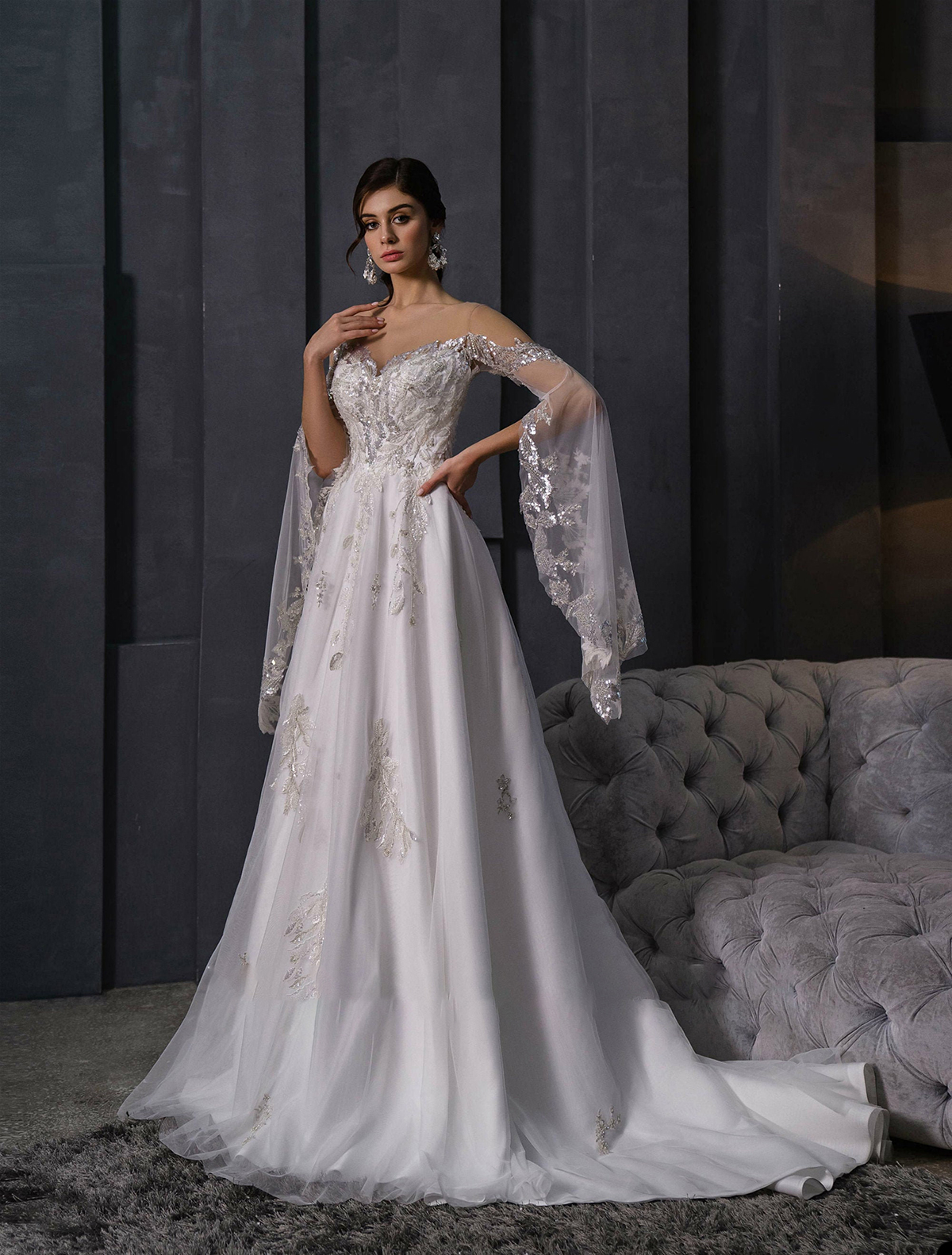 Elegant A-line Wedding Dresses Shining Sequins Off the Shoulder Loose Sleeves Lace Up Backless Court Gown Dress Custom Made Plus Size Bridal Dress Ves