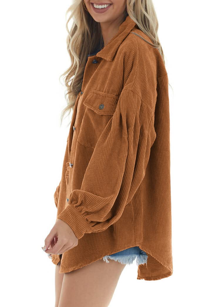 Women Corduroy Button Down Shirts Long Lantern Sleeve Shacket Casual Oversized Drop Shoulder Blouse Tops with Pockets