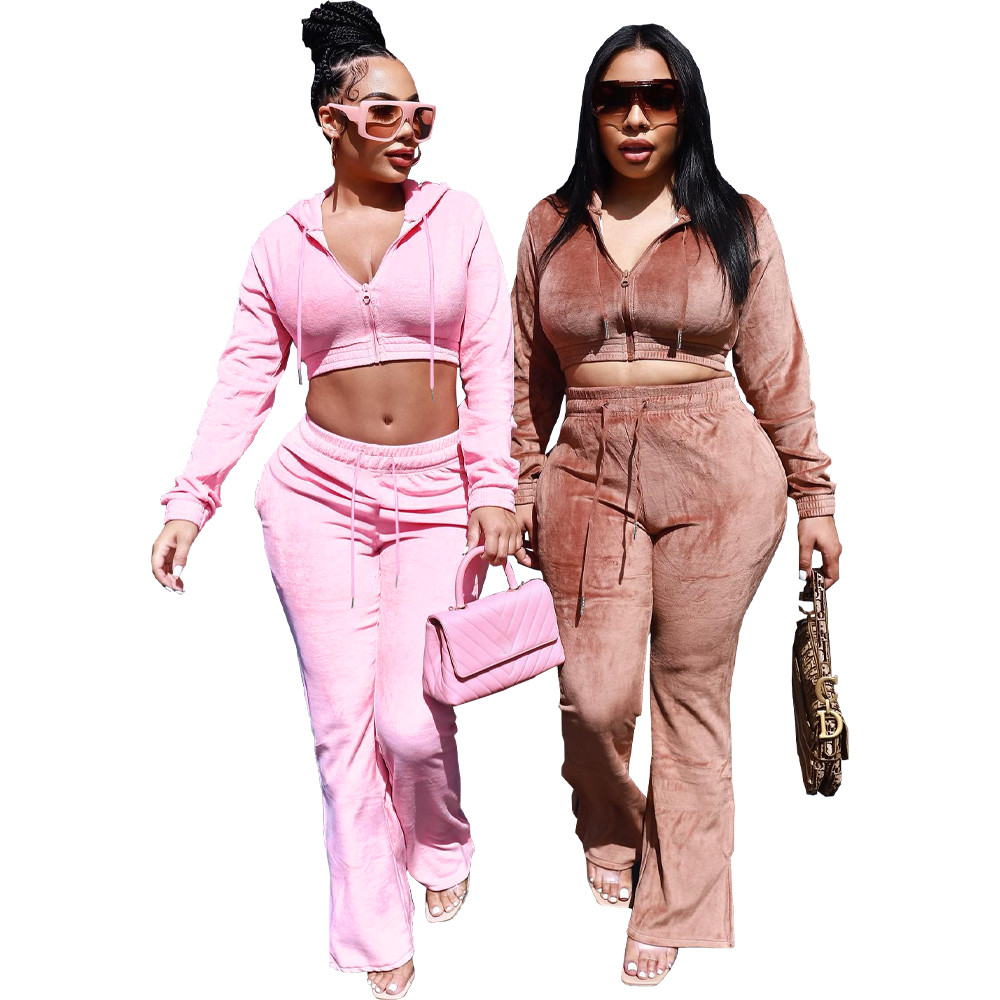 Wholesale Velvet Tracksuits Women Two Piece Sets Fall Winter Clothes Sweatsuits Long Sleeve Hooded Jacket And Flare Pants Casual Velour Sportswear 875