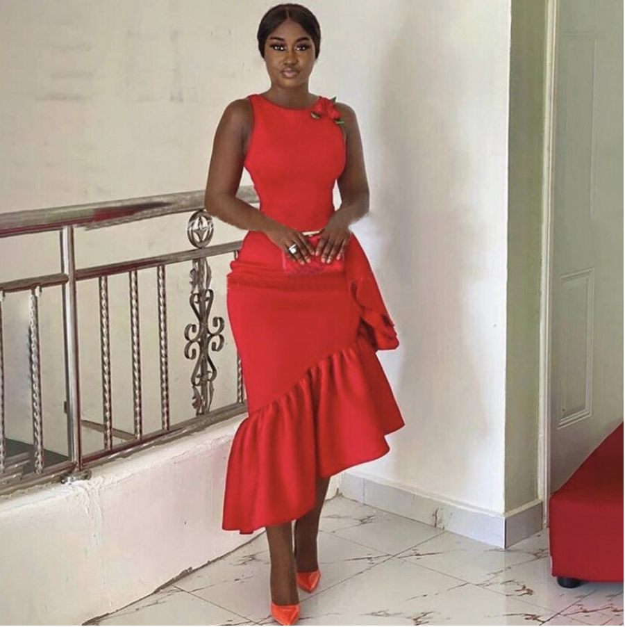 Red Ruffles Asymmetric Mermaid Bridesmaid Dresses With Ruffles Tea Length Long African Women Party Dress Maid Of Honor