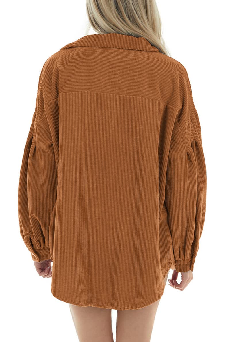 Women Corduroy Button Down Shirts Long Lantern Sleeve Shacket Casual Oversized Drop Shoulder Blouse Tops with Pockets