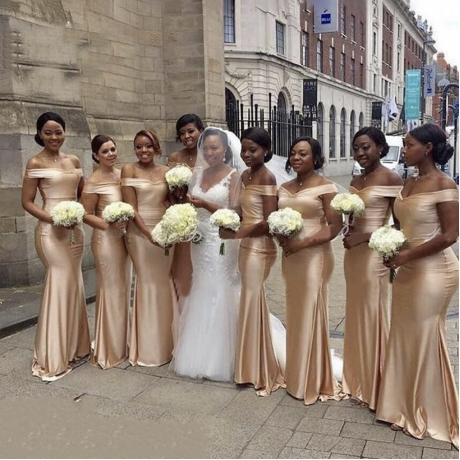 Dark Champagne Bridesmaid Dresses Mermaid African Women Long Off Shoulder Wedding Party Dress Robe Soiree De Mariage