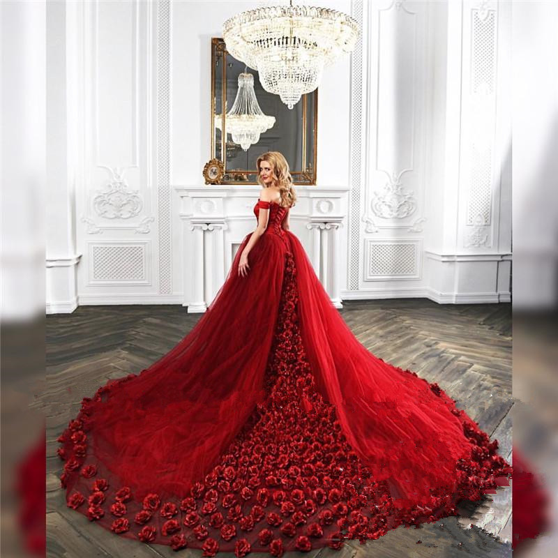 2023 Luxury Flowers Appliques Red Quinceanera Dresses Long Train Cinderella Gowns Off Shoulder Tulle Floral Sweet 16 Dress Vestido 15 Anos