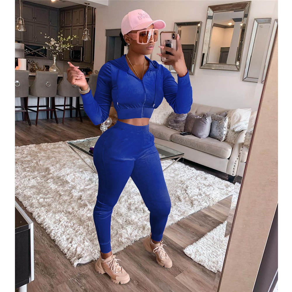 Fall Winter Velvet Tracksuits Women Two Piece Sets Autumn Clothes Sweatsuits Long Sleeve Hooded Jacket And Pants Casual Velour Sportswear Clothing 872