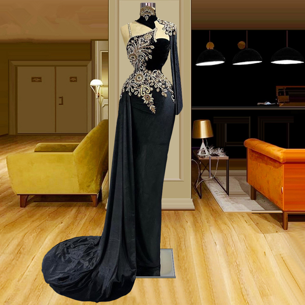 Modest Embroidery Mermaid Prom Dresses One Shoulder High Neck Party Dresses Crystals Beaded Custom Made Evening Dress