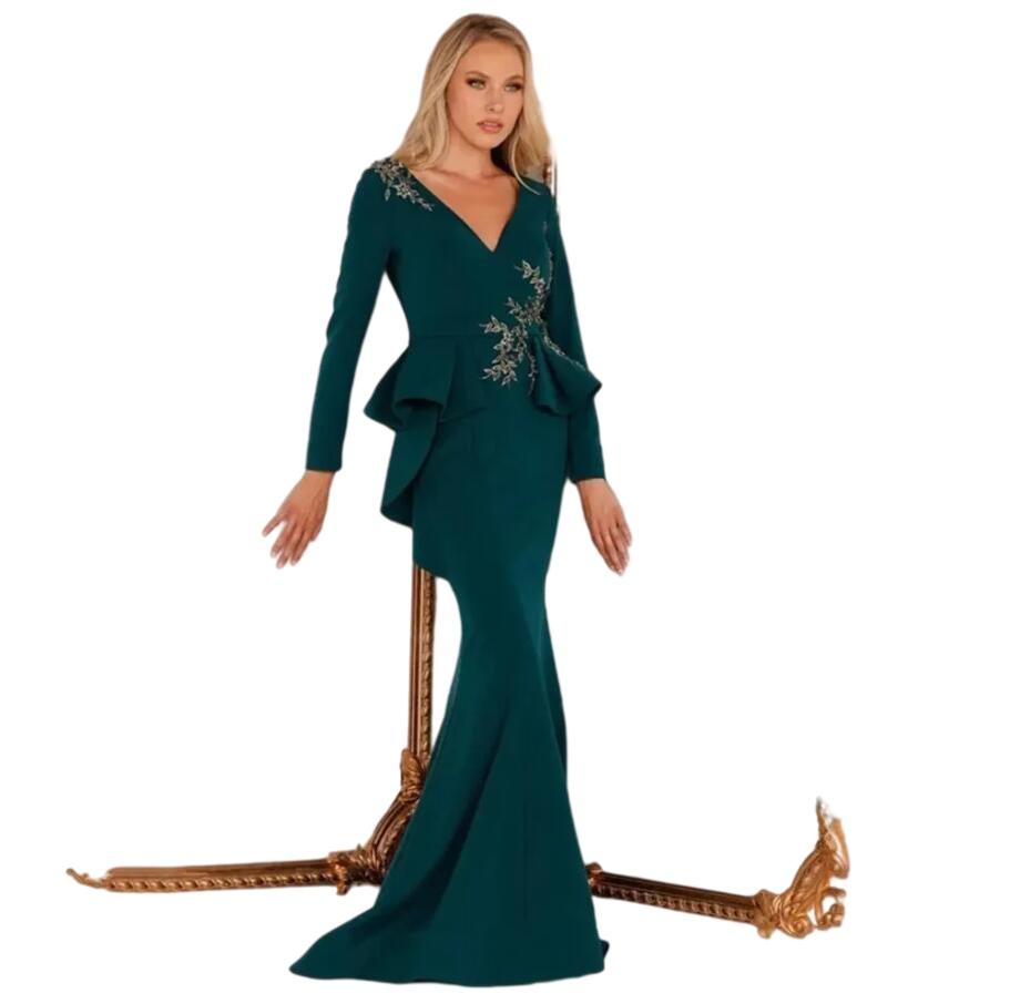 Hunter Green Mermaid Mother of the Bride Dresses V-Neck Long Sleeve Satin Evening Gown with Cascading Ruffles Wedding Vestido De Noche