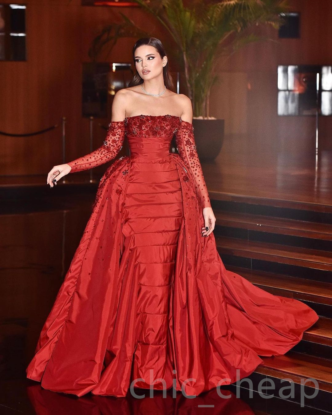 Arabic Aso Ebi Red Mermaid Prom Dresses Lace Beaded Stylish Evening Formal Party Second Reception Birthday Engagement Gowns Dress ZJ 6660306