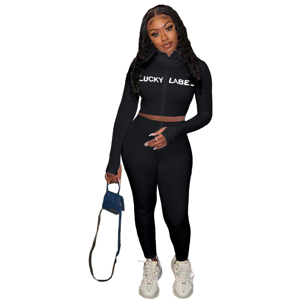 Wholesale Outfits Women Tracksuits Ribbed Two 2 Piece Set Fall Winter Sweatsuits Long Sleeve Pullover Shirt Pants Embroidery Lucky Label Clothes 8793