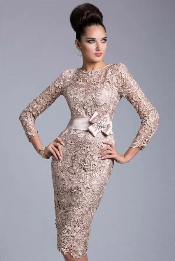 Champagne Crochet lace Mother of The Bride Dresses Jewel Long Sleeve Applique Sash Wedding Guest Dress Knee Length Evening Gowns