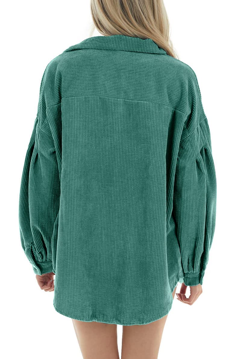 Women Corduroy Button Down Shirts Long Lantern Sleeve Shacket Casual Oversized Drop Shoulder Blouse Tops with Pockets
