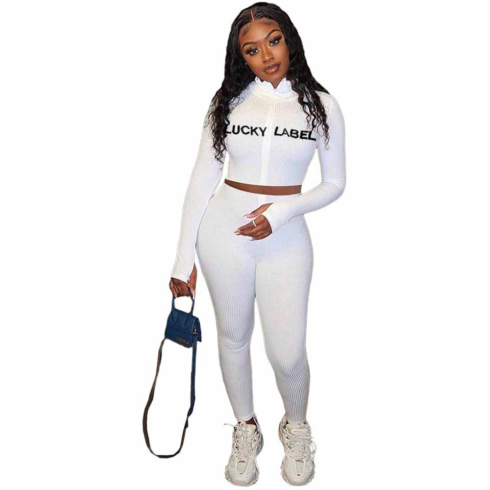 Wholesale Outfits Women Tracksuits Ribbed Two 2 Piece Set Fall Winter Sweatsuits Long Sleeve Pullover Shirt Pants Embroidery Lucky Label Clothes 8793