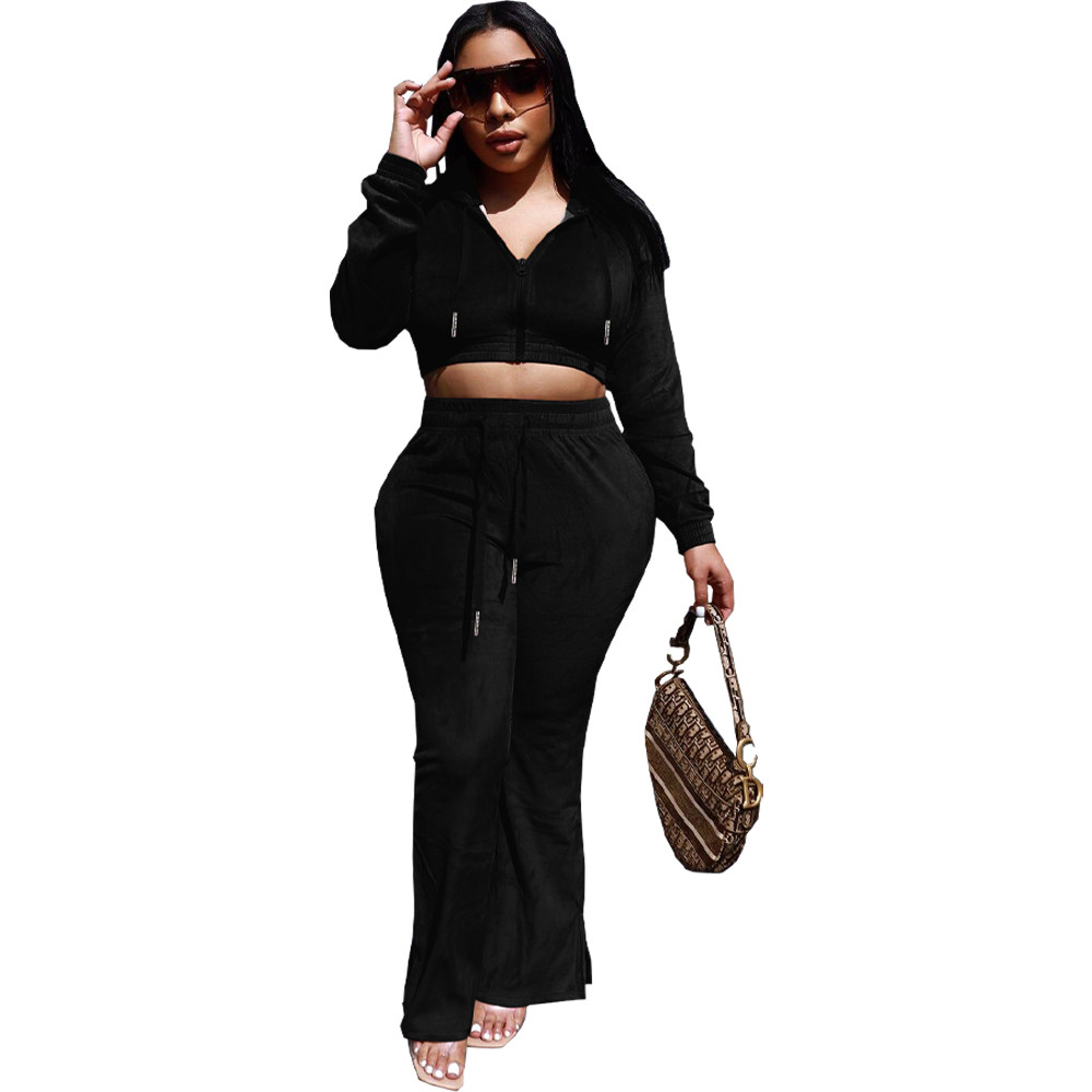 Wholesale Velvet Tracksuits Women Two Piece Sets Fall Winter Clothes Sweatsuits Long Sleeve Hooded Jacket And Flare Pants Casual Velour Sportswear 875