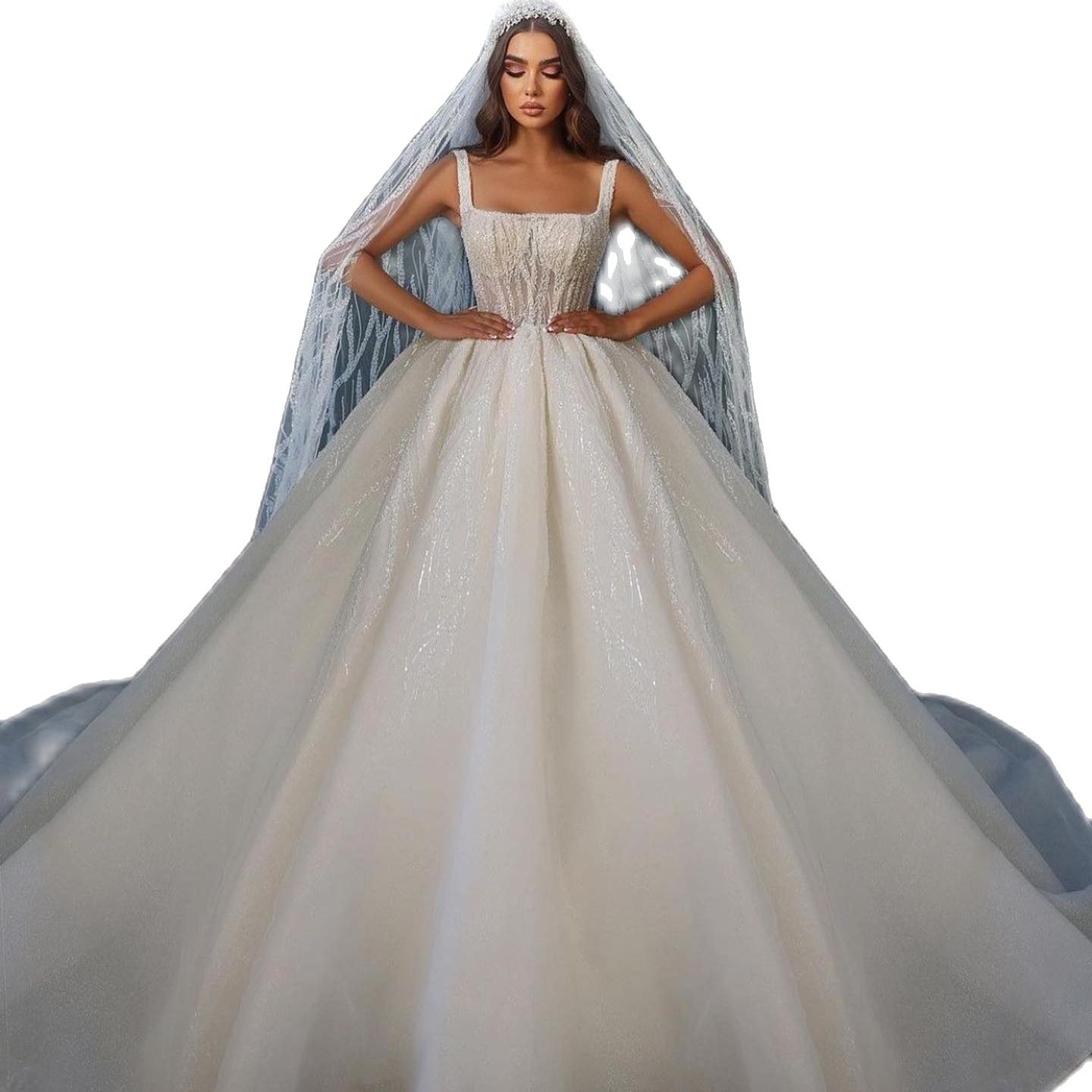Elegant Lace Dubai Ball Gown Wedding Dress Illusion Spaghetti Straps Sequined Saudi Arabic Sweep Train Bridal Gowns