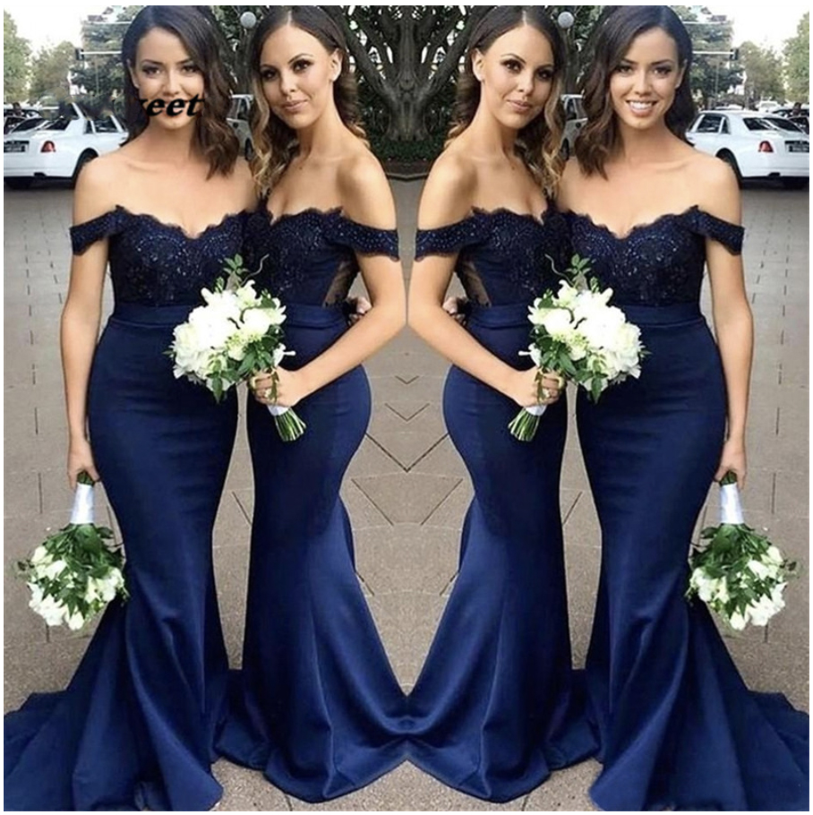 Navy Blue Mermaid Bridesmaid Off Shoulder Chiffon Satin Garden Wedding Guest Party Dresses Boho Maid Of Honor Prom Gowns