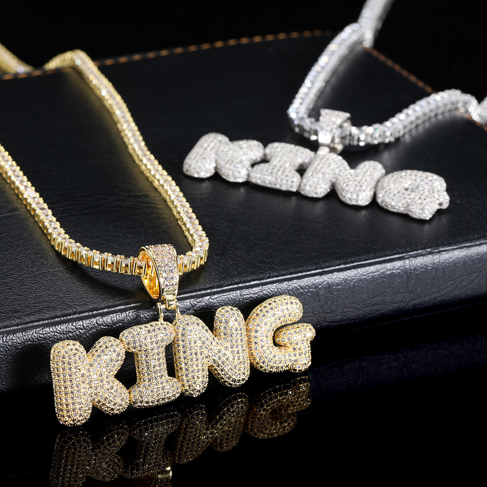 TopBling A-Z Custom Name Bubble Letters Pendant Necklace Bling Full Zircon Hip Hop Jewelry