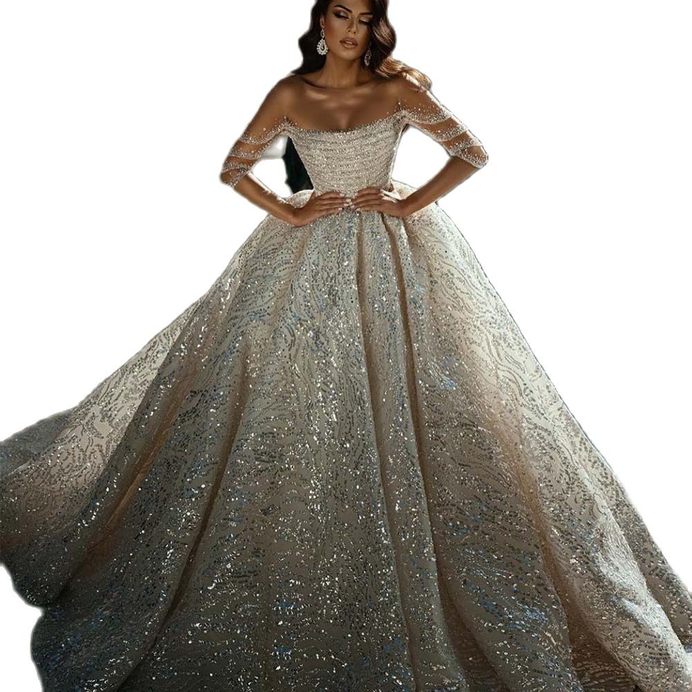 Elegant Sparkly Dubai Ball Gown Wedding Dress Illusion Off Shoulder Long Sleeve Sequined Saudi Arabic Bridal Gowns