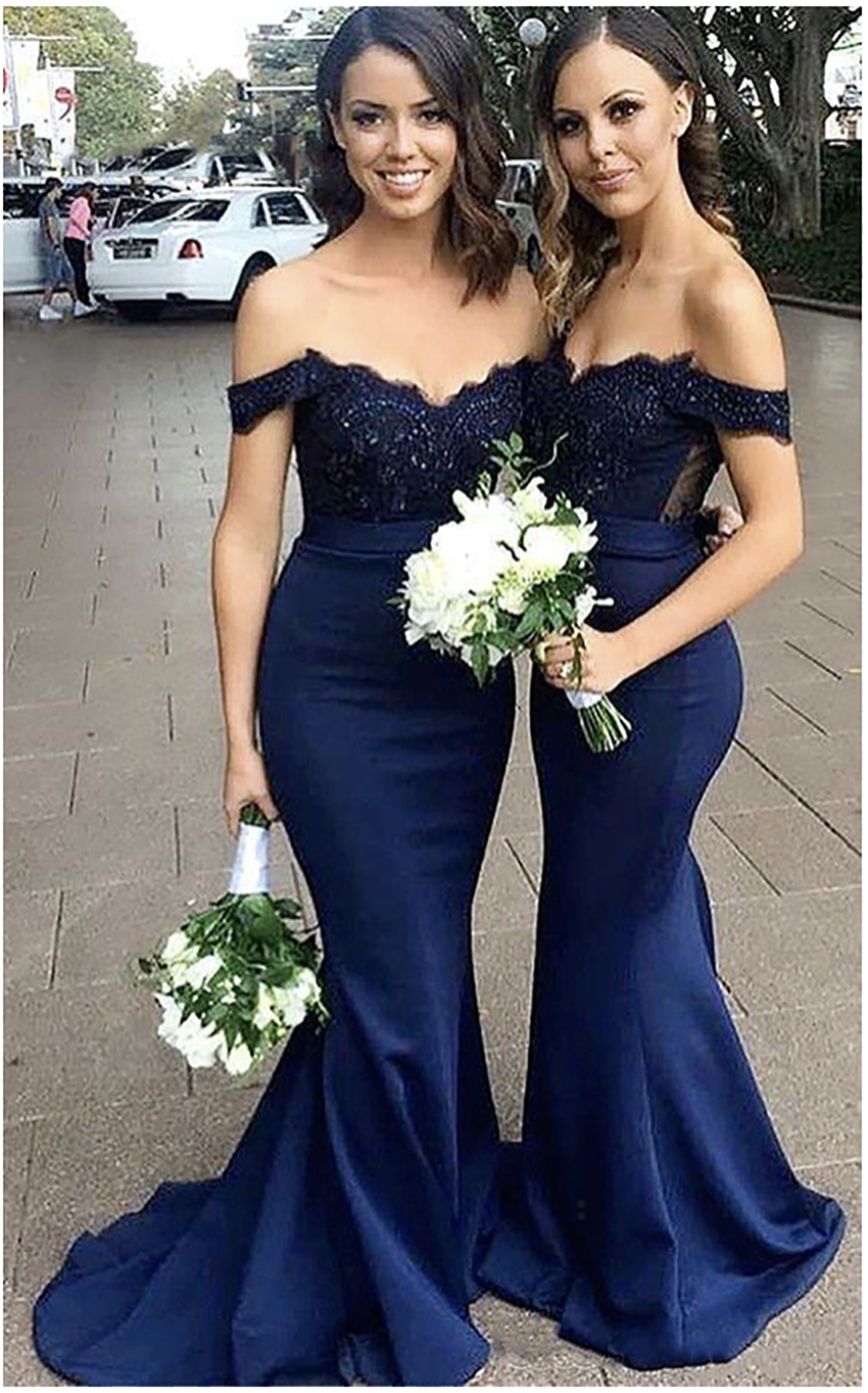 Navy Blue Mermaid Bridesmaid Off Shoulder Chiffon Satin Garden Wedding Guest Party Dresses Boho Maid Of Honor Prom Gowns
